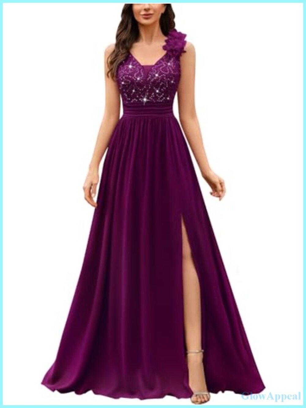 Vintage V-Neck Sequined Split Formal Evening Maxi Dress